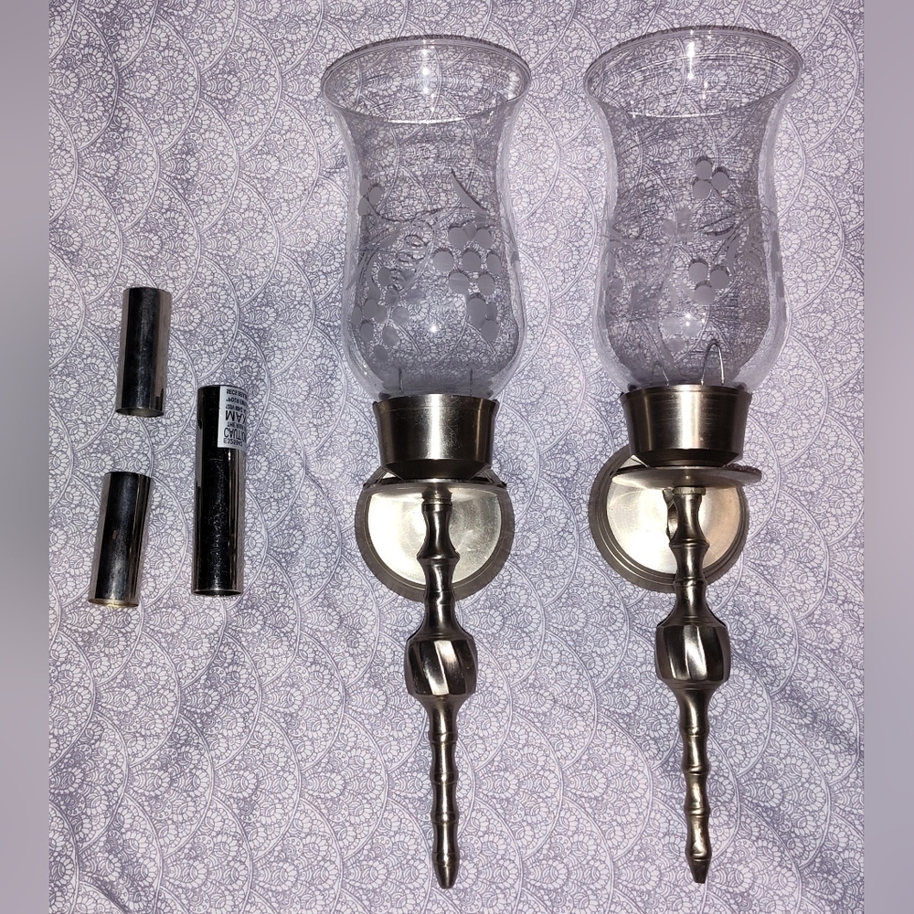 Brushed Nickel Wall Mounted Candle Holders w/Etched Glass . Set of 2